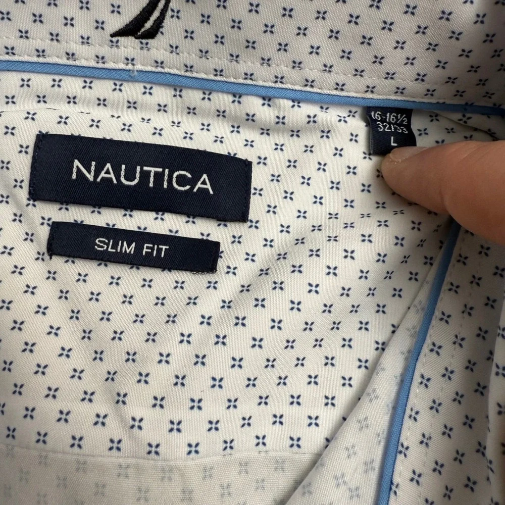 Nautica Mens‎ Slim Fit Performance Dress Shirt Blue Geo Print Long Sleeve Size L